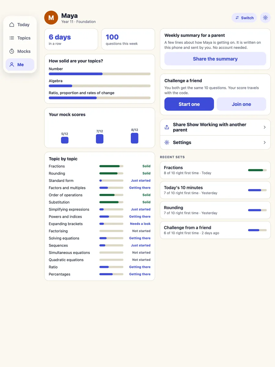The Me page on iPad: progress over time, mock scores and topic strength