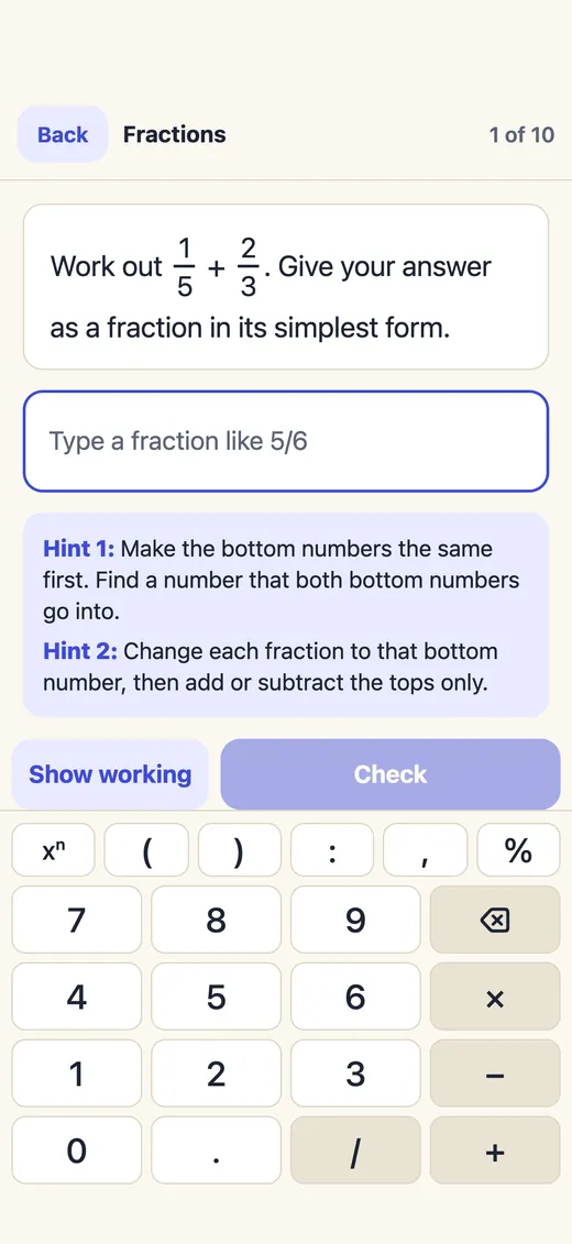 A fractions question in Show Working with two hints open: make the bottom numbers the same first