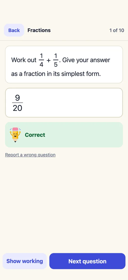 A fractions question answered in Show Working and marked Correct
