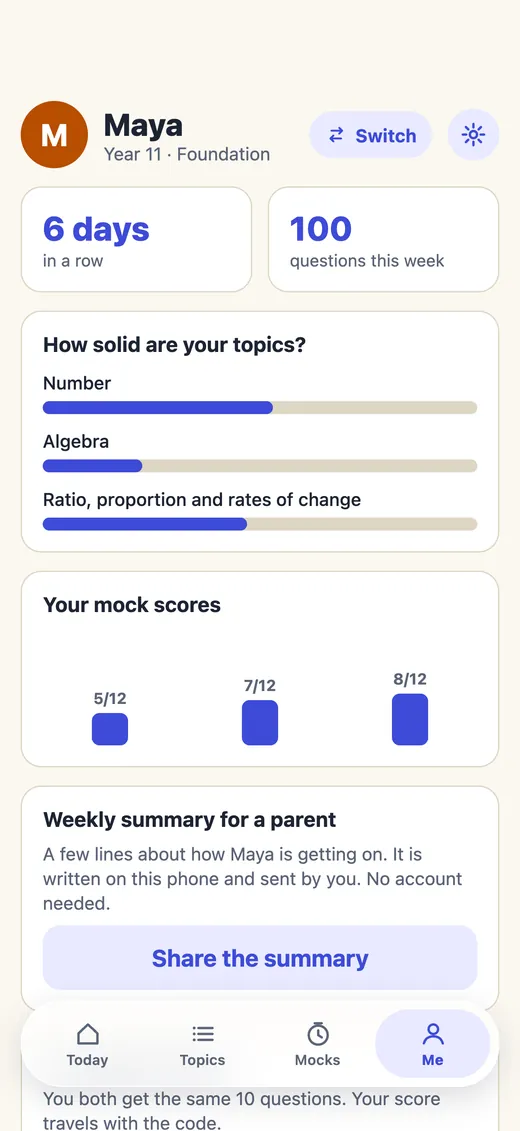 The Me page in Show Working: a practice streak, topic strength and mock scores
