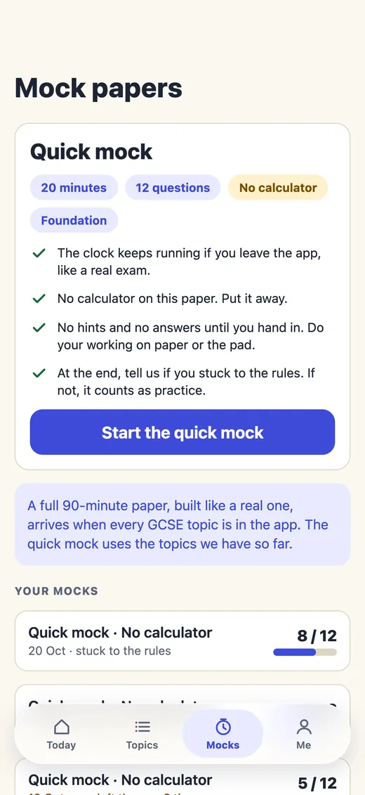 The Mock papers page in Show Working: a 20 minute quick mock with exam rules