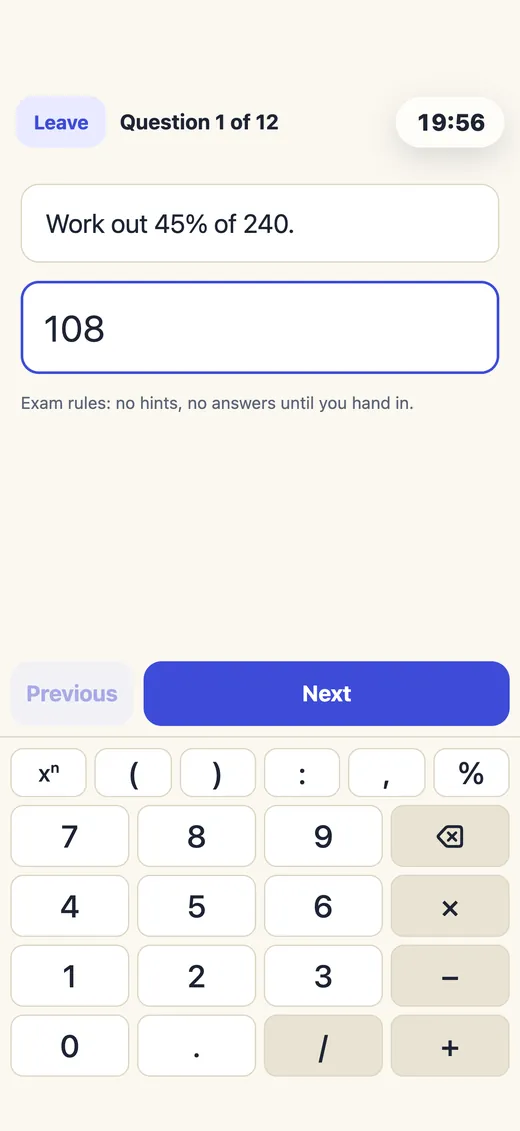 A Show Working mock paper with a 20 minute countdown and a percentages question