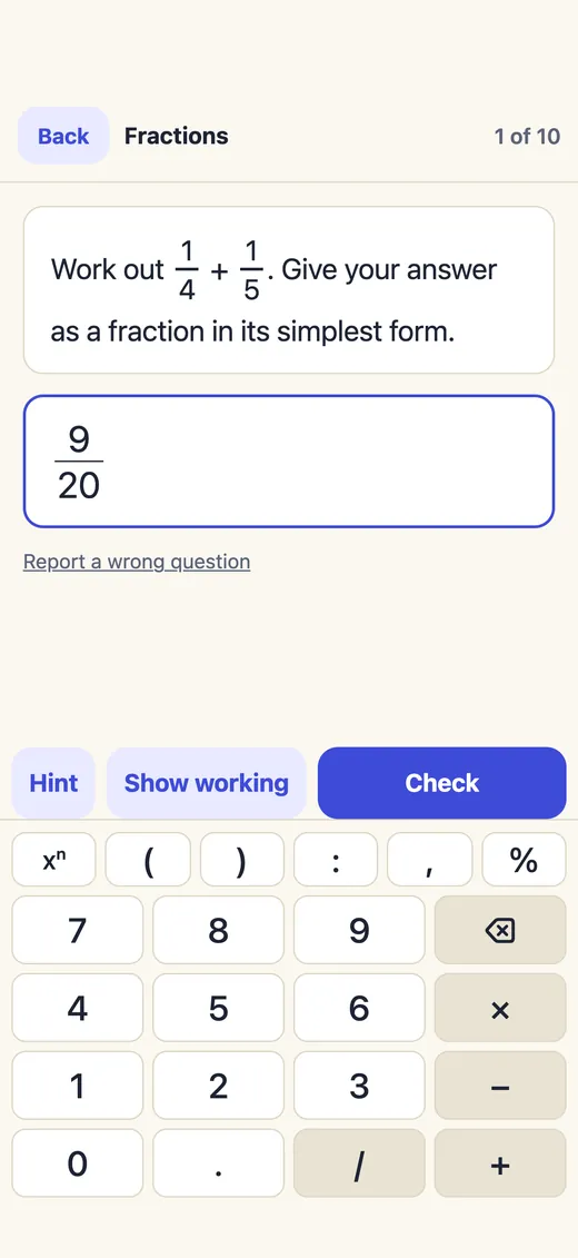 A GCSE maths question in Show Working with the answer typed on the maths keyboard