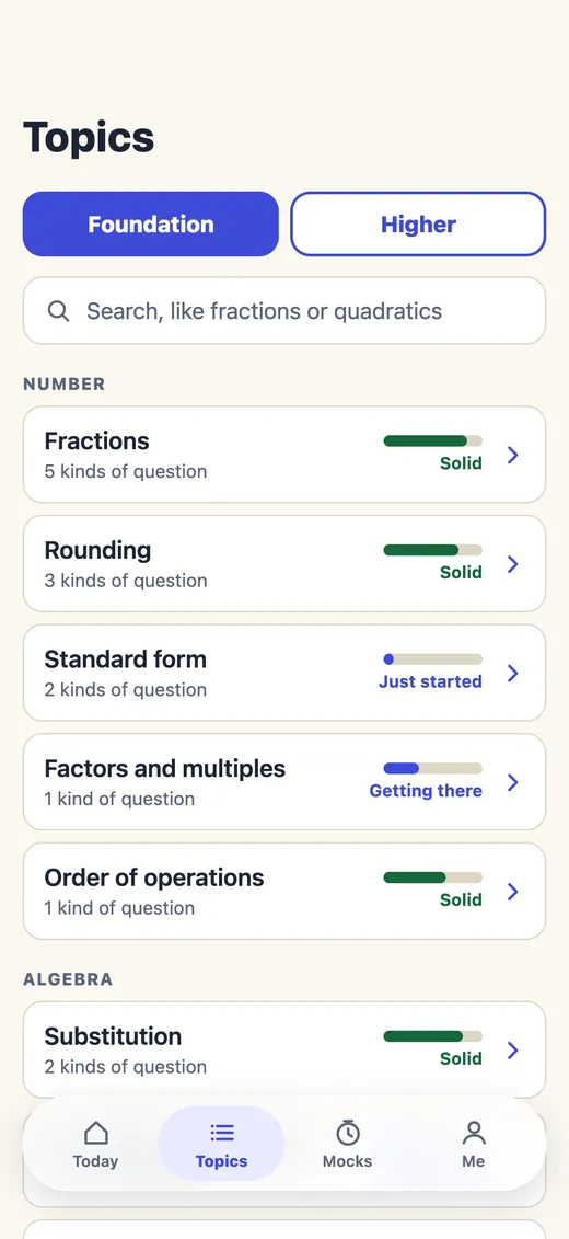 The Topics page in Show Working: each topic with how solid it is, from Solid to Not started