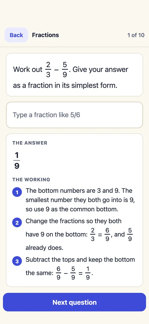 The worked answer to a fractions question, shown one step at a time